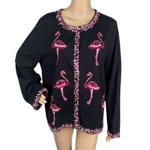 Michael Simon Event RARE Flamingo Sequin Embroidered Black Pink Cardigan SZ XL